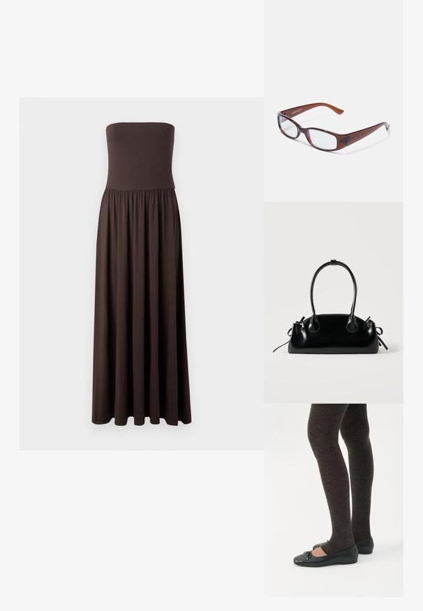 Robe maxi marron sans bretelles en tissu doux, avec un corsage ajusté et une jupe fluide et froncée pour plus de liberté de mouvement.; Jambes portant des leggings côtelés foncés associés à des ballerines noires avec de petits détails en nœud sur fond blanc.; Lunettes rectangulaires teintées de brun avec une finition brillante, dotées de branches fines et de verres transparents. Logo visible sur la branche gauche.; Petit sac à main noir brillant avec deux longues anses et des détails à cordon sur les côtés sur un fond clair uni.