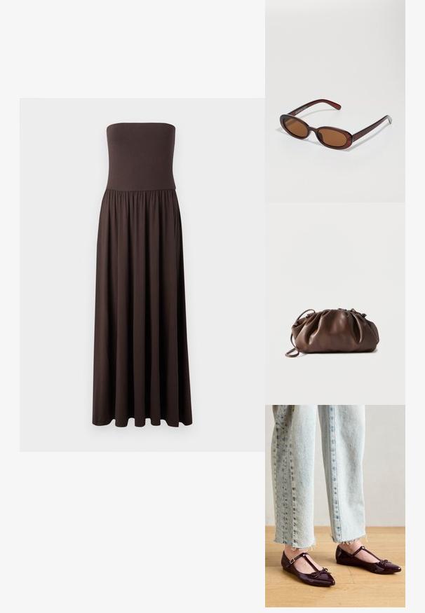 Strapless brun maxi kjole lavet af blødt stof, med en tætsiddende overdel og en svævende, samlet nederdel for let bevægelse.; Blanke bordeauxrøde balletflade sko med T-rem, der har en sløjfedetalje ved tåen. Kombination med cropped lyseblå denimjeans.; Runde, bruntonede solbriller med en glansfuld bordeauxramme. Slanke arme med diskret brandingdetalje. Flad linsedesign.; Blød brun læderpung med samlet top og tynd strop, hvilende på hvid baggrund.