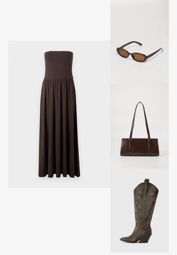 Vestido maxi marrón sin tirantes, hecho de una tela suave, con un corsé ajustado y una falda fluida y recogida que permite una fácil movilidad.; Bota de vaquero de cuero marrón con puntera afilada, tacón en cuña y bordado decorativo. Presenta un caña alta y una lengüeta de agarre.; Gafas de sol redondas con tinte marrón y un marco burdeos brillante. Patillas delgadas con un sutil detalle de marca. Diseño de lentes planos.; Bolso de mano de piel sintética marrón con forma rectangular, dos asas largas y sutiles acentos curvados en la parte delantera.