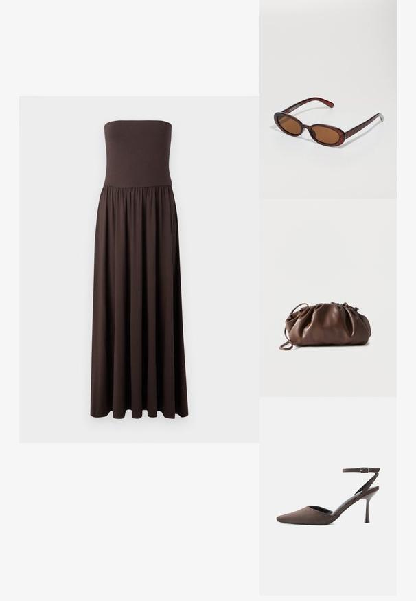 Robe maxi marron sans bretelles en tissu doux, avec un corsage ajusté et une jupe fluide et froncée pour plus de liberté de mouvement.; Chaussure à talon haut en daim marron à bout pointu, avec une fine bride de cheville et une boucle argentée sur fond blanc.; Lunettes de soleil rondes teinte brun avec une monture bordeaux brillante. Branches fines avec un détail de marque subtil. Design de verres plats.; Sacoche en cuir marron doux avec un haut froncé et une fine bandoulière, posée sur un fond blanc.