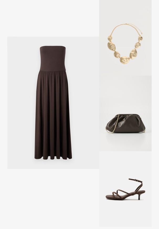 Vestido maxi marrón sin tirantes, hecho de una tela suave, con un corsé ajustado y una falda fluida y recogida que permite una fácil movilidad.; Sandalia marrón de tacón alto con tiras finas cruzadas y una correa en el tobillo con una hebilla plateada sobre un fondo blanco.; Bolso de mano de cuero marrón con un diseño fruncido, correa de cadena dorada y un acabado suave y texturizado. Forma compacta adecuada para uso nocturno.; Collar cadena en tono dorado con seis placas metálicas irregulares, ovaladas y redondas martilladas, enlazadas entre sí y con cierre ajustable.