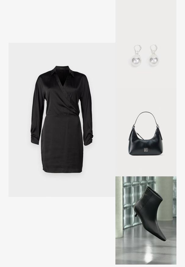 Schwarzes Satin-Wickelkleid mit langen Ärmeln, V-Ausschnitt und gerafften Ärmeldetails. Die glatte Textur und die taillierte Silhouette betonen das elegante Design.; Schwarzer Leder-Stiefelette mit spitzer Zehenpartie und niedrigem Kitten-Heel, schräg dargestellt vor einem polierten Boden und einer Glasbausteinwand.; Schwarze Leder-Schultertasche mit einem einzelnen Griff, Reißverschluss und einem kleinen quadratischen silbernen Logo auf der Vorderseite.; Silberne Tropfenohrringe mit glatten, runden, reflektierenden Oberflächen, die an Hakenverschlüssen hängen. Der Hintergrund ist reinweiß.