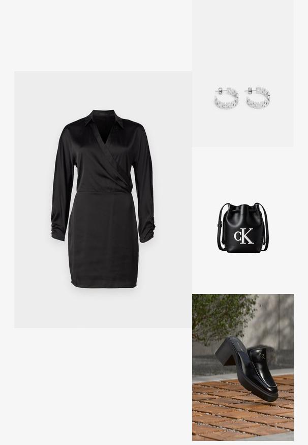 Zwarte satijnen wikkeljurk met lange mouwen, een V-hals en gerimpelde manchetten. De gladde textuur en de getailleerde pasvorm accentueren het elegante ontwerp.; Zwarte leren Calvin Klein slip-on mule met blokhak rustend op houten tegels buiten, vlak bij een groene plant en een grijze muur.; Zwarte leren bucketbag met koordsluiting aan de bovenkant en wit "cK" logo aan de voorkant, met een verstelbare schouderband.; Zilveren oorringen met een geometrisch ontwerp van in elkaar grijpende rechthoekige schakels, gepolijste afwerking en een steker sluiting.