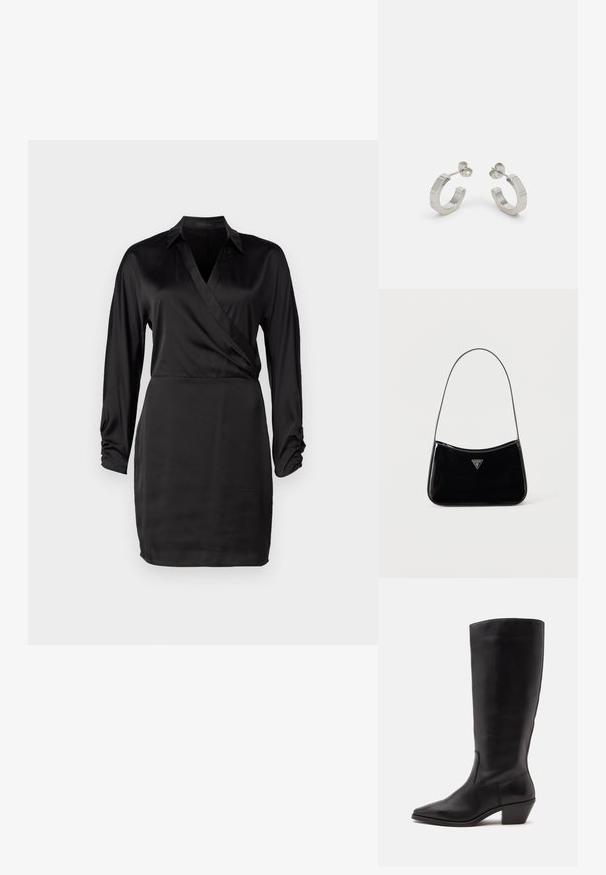 Vestido envolvente negro de satén con mangas largas, escote en V y detalles de puños fruncidos. La textura suave y la silueta ajustada realzan su diseño elegante.; Bota de cuero negra hasta la mitad de la pantorrilla con puntera puntiaguda y tacón bajo inclinado sobre un fondo claro y liso.; Bolso de hombro de charol negro con correa delgada, logotipo triangular de Guess en el frente y cierre superior con cremallera.; Pendientes aros de metal plateado con un diseño texturizado, que cuentan con un pequeño respaldo de clip y una marca en uno de los aros. Forma redondeada con un acabado pulido.