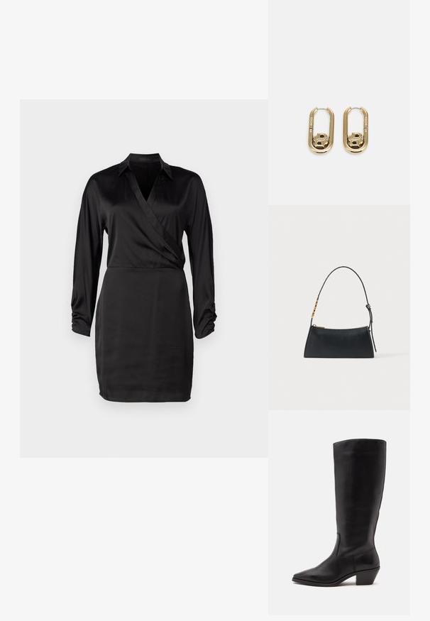 Sort satin indpakningskjole med lange ærmer, V-udskæring og rynkede ærmeafslutninger. Den glatte tekstur og tætsiddende silhuet fremhæver dens elegante design.; Sort læderstøvle til midtkalv med spids tå og lavt skråt hæl på en enkel lys baggrund.; Sort læderhåndtaske med en guldlås og justerbar rem med gyldne rektangulære detaljer på en hvid baggrund.; BOSS DOUBLE B SWING - Øreringe - gold-coloured