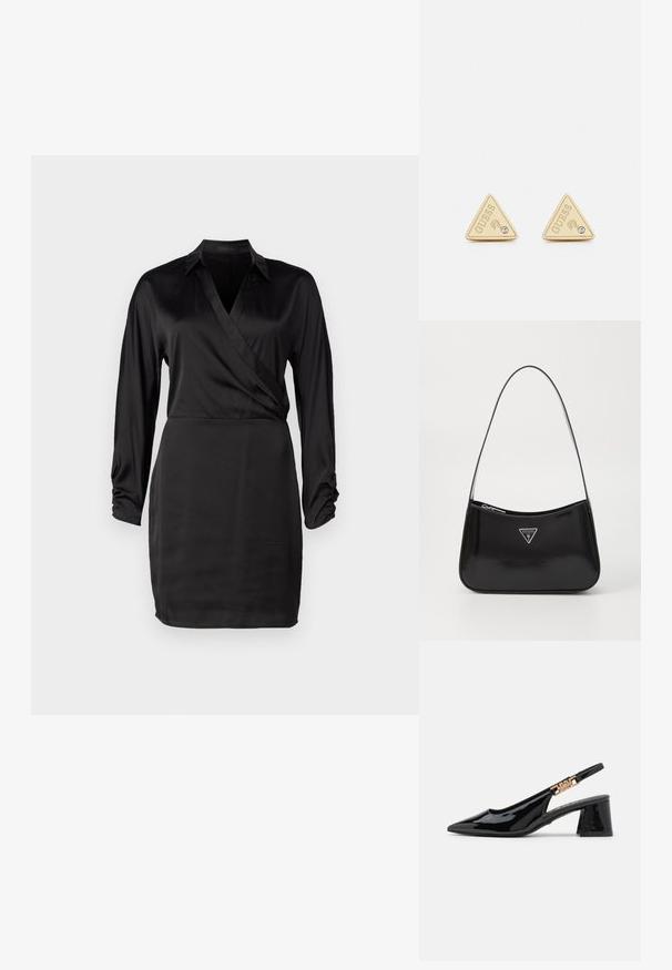 Sort satin indpakningskjole med lange ærmer, V-udskæring og rynkede ærmeafslutninger. Den glatte tekstur og tætsiddende silhuet fremhæver dens elegante design.; Sorte patentlæder slingback pumps med spidse tæer og guldfarvet hardware på remmen, med en blokhælhøjder. Glat tekstur.; Sort patenteret læder skuldertaske med en buet form, prydet med et sølvfarvet trekantet logo og en lynlås-lukning. Glat tekstur og slank rem.; Guess PARTY - Øreringe - gold-coloured