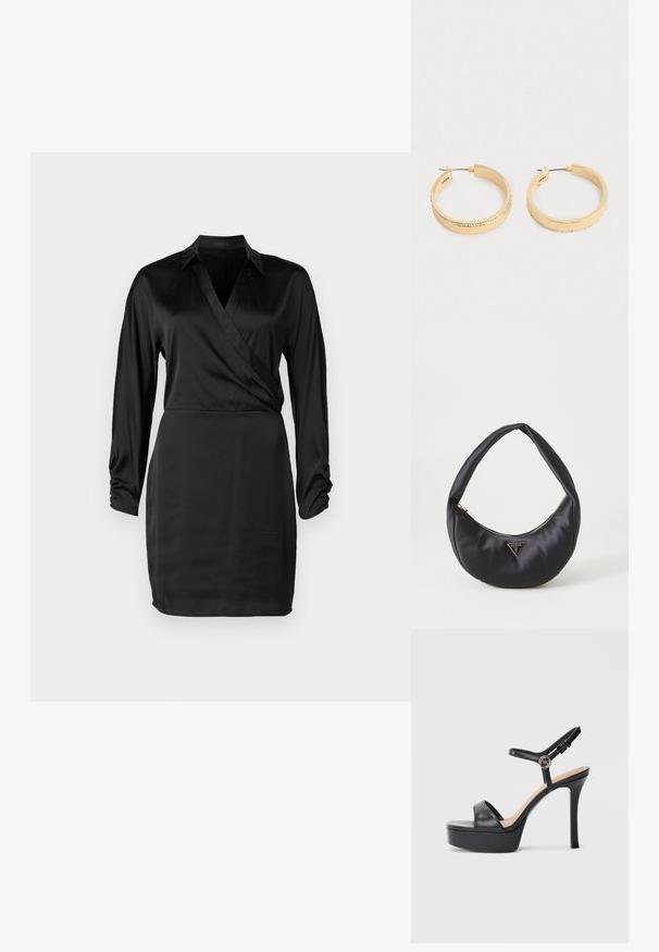 Schwarzes Satin-Wickelkleid mit langen Ärmeln, V-Ausschnitt und gerafften Ärmeldetails. Die glatte Textur und die taillierte Silhouette betonen das elegante Design.; Schwarze Plateausandalen mit hohem Stiletto-Absatz, ausgestattet mit einem glatten Lederobermaterial, einem Peeptoe-Design und einem verstellbaren Knöchelriemen mit Metallbeschlägen.; Schwarze Satin-Handtasche mit geschwungener Form, ausgestattet mit einem Reißverschluss und einem dreieckigen Metallsymbol auf der Vorderseite. Glatte Textur und elegantes Design.; Ein Paar goldfarbene Creolen mit einer Reihe kleiner Kristalle entlang der äußeren Kante, auf einem schlichten hellen Hintergrund dargestellt.