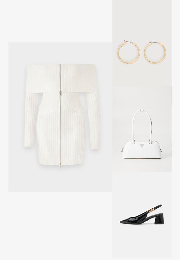 Weißes, geripptes Off-Shoulder-Kleid mit langen Ärmeln, das einen Reißverschluss auf der Vorderseite und eine taillierte Silhouette aufweist. Weicher, dehnbarer Stoff.; Schwarze Lackleder Slingback-Pumps mit einer spitzen Zehe und goldfarbener Hardware am Riemen, ausgestattet mit einem Blockabsatz. Glatte Textur.; Weiße Lederhandtasche mit geschwungener Form, versehen mit einem silbernen dreieckigen Logo und einem Reißverschluss. Glatte Textur und zwei Griffe.; Paar goldfarbene, strukturierte Creolen mit dünnen Stegen vor weißem Hintergrund.