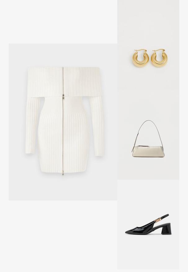 Hvid ribbet off-the-shoulder kjole med lange ærmer, featuring en front lynlås lukning og en tætsiddende silhuet. Blød, strækbart stof.; Sorte patentlæder slingback pumps med spidse tæer og guldfarvet hardware på remmen, med en blokhælhøjder. Glat tekstur.; Lille beige læder skuldertaske med tynd rem og lynlås, mærket med et diskret metal-logo på frontens midte.; Guldtonede hoop øreringe med ribbet tekstur og en rund form, som har en sikker krog-lukning.