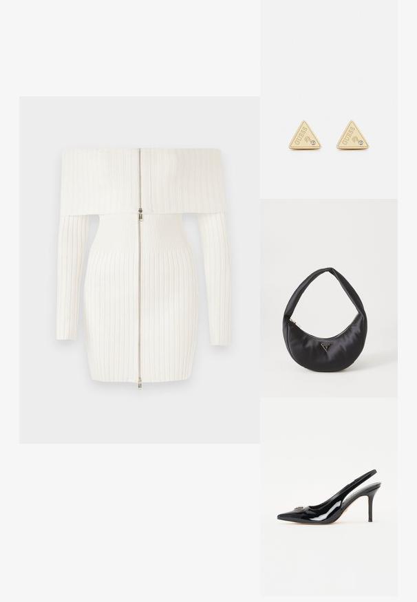Hvid ribbet off-the-shoulder kjole med lange ærmer, featuring en front lynlås lukning og en tætsiddende silhuet. Blød, strækbart stof.; Sorte patenterede læderslingback hæle med spids tå, slank stiletto-hæl og dekorativ pynt på vampen.; Sort satin håndtaske med en buet form, der har en lynlåslukning og et trekantet logo i metal på forsiden. Glat tekstur og slankt design.; Guess PARTY - Øreringe - gold-coloured