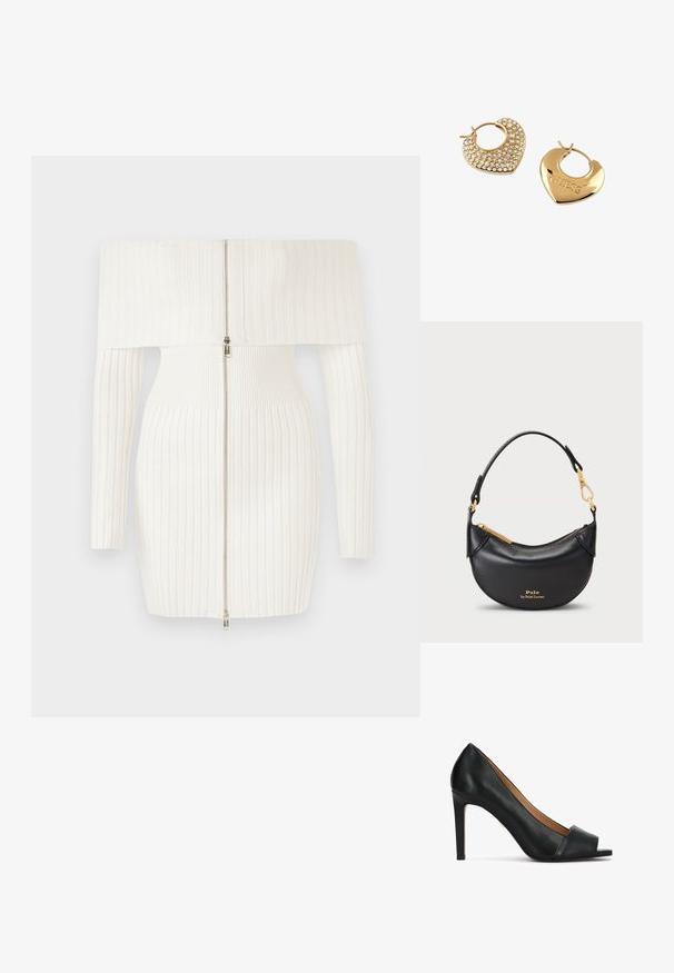 Weißes, geripptes Off-Shoulder-Kleid mit langen Ärmeln, das einen Reißverschluss auf der Vorderseite und eine taillierte Silhouette aufweist. Weicher, dehnbarer Stoff.; Schwarzer Leder-Peep-Toe-Pumps mit glänzendem Finish, der einen schlanken Stiletto-Absatz und ein glattes, leicht spitz zulaufendes Zehendesign aufweist.; Goldene Herz-förmige Creolen; eine mit klaren Strasssteinen, die andere mit dem eingravierten Schriftzug "GUESS." Glatte und glänzende Metalloberfläche.; Schwarze Lederhandtasche mit geschwungener Silhouette, Metallreißverschluss und kurzem Griff. Ausgestattet mit goldenem Metall und geprägtem Logo auf der Vorderseite.