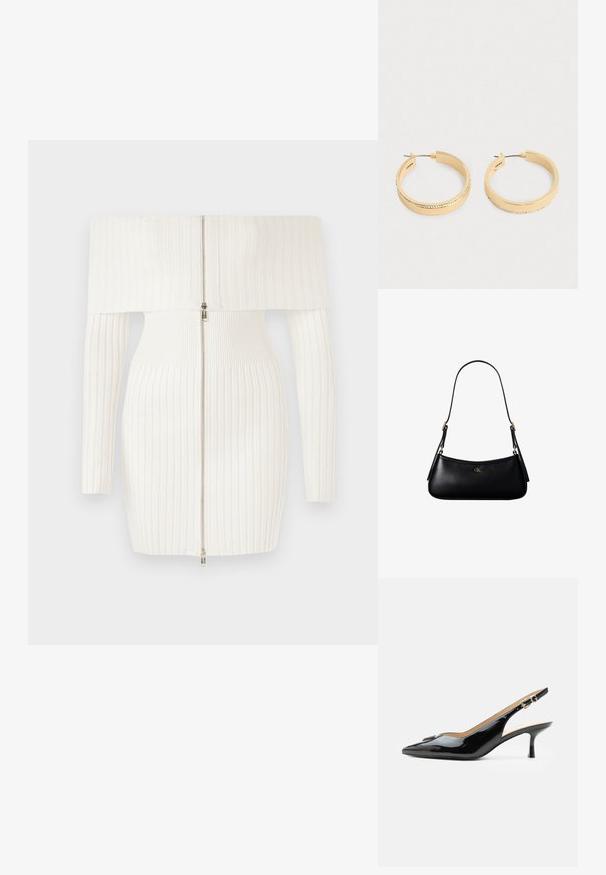 Biely žebrovaný šaty bez ramienok s dlhými rukávmi, s predným zipsom a priliehavým strihom. Mäkko pružný materiál.; Čierny lakovaný slingback s špicatou špičkou, nízkym kitten opätkom a striebornou prackou na čistom bielom pozadí.; Čierna kožená mini kabelka cez rameno s tenkým remienkom a malým zlatým logom CK v strede na prednej strane.; Pár zlatých kruhových náušníc s radom drobných kryštálov pozdĺž vonkajšieho okraja, zobrazených na jednoduchom svetlom pozadí.
