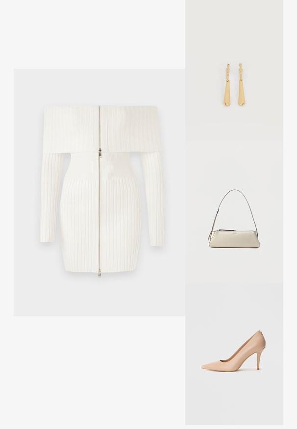 Weißes, geripptes Off-Shoulder-Kleid mit langen Ärmeln, das einen Reißverschluss auf der Vorderseite und eine taillierte Silhouette aufweist. Weicher, dehnbarer Stoff.; Beiger Leder-Pumps mit spitzer Spitze, glatter Textur und schmalem Stiletto-Absatz. Minimalistisches Design mit Schlupfverschluss.; Kleine beige Lederschultertasche mit dünnem Riemen und Reißverschluss, vorne in der Mitte mit einem dezenten metallischen Logo.; Ohrhänger in Gold-Ton mit glatten, länglichen Tropfenanhängern, die an kleinen Creolenverschlüssen hängen, auf weißem Hintergrund.