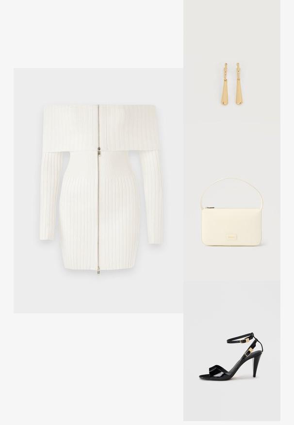Hvid ribbet off-the-shoulder kjole med lange ærmer, featuring en front lynlås lukning og en tætsiddende silhuet. Blød, strækbart stof.; Sorte patentlæder højhælede sandaler med dobbelte ankelremme og guldspænder, åben tå og slank taperet hæl på neutral baggrund.; Kremfarvet rektangulær håndtaske med en enkelt rem og lynlås øverst, med en lille præget logo-plakette foran.; Øreringe i guldfarvet metal med glatte, aflangt dråbeformede vedhæng, der hænger fra små creol-låse på en hvid baggrund.