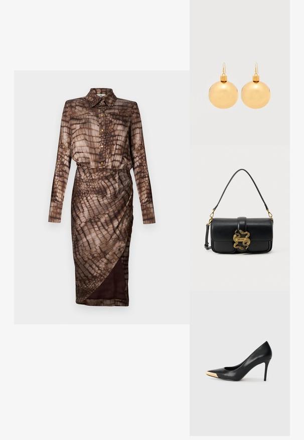 Robe marron à manches longues avec imprimé serpent, boutons dorés, col et jupe portefeuille avec fente frontale sur fond blanc.; Pompe à talon haut en cuir noir avec bout pointu ; présente une accentuation métallique dorée sur le capuchon. Surface lisse avec un design épuré.; Sac à bandoulière en cuir noir avec fermoir double serpent en or et plaque logo "Just Cavalli" sur le rabat avant.; Paire de boucles d'oreilles boule de Noël dorées brillantes avec fermoirs à crochet sur fond blanc uni.