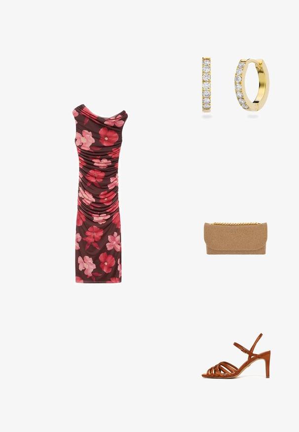 Rynket blomsterkjole med en brun baggrund, prydet med store pink og røde blomster. Den har en draperet halsudskæring og et slim fit design.; Brun sandal med tynde remme, høj hæl, ankelspænde og åben tå, glat tekstur og slank, tilspidset hæl på hvid baggrund.; Beige tekstureret clutch med en rund klap og guldkæde hardware på toppen, der har en naglet overflade for ekstra detalje.; Guld øreringe i hop med en række runde klare diamanter, hvor den ene vises lukket og den anden åben for at vise låsemekanismen.