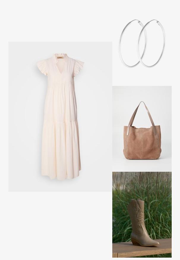 Vestido largo de algodón beige claro, con un collar con volantes y mangas cortas, un diseño de falda escalonada y tela texturizada.; Bota vaquera de cuero color canela con diseño bordado y tacón de madera colocada sobre una superficie de madera con fondo de plantas verdes.; Anna Field by Zalando LEATHER - Bolso shopping - taupe; Pendientes de aro en tono plateado con forma redonda y un acabado pulido. Ambos pendientes son del mismo tamaño y cuentan con un mecanismo de cierre seguro.