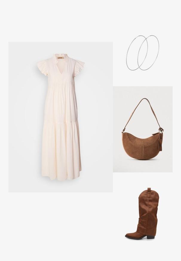 Vestido largo de algodón beige claro, con un collar con volantes y mangas cortas, un diseño de falda escalonada y tela texturizada.; Bata Botas camperas - marrone; Bolso de ante marrón con forma curva de media luna. Cuenta con una correa para el hombro, una pequeña etiqueta y costuras visibles a lo largo de los bordes.; Pendientes de aro plateados con un diseño minimalista. Forma circular, textura suave y perfil delgado. Livianos con un acabado pulido.
