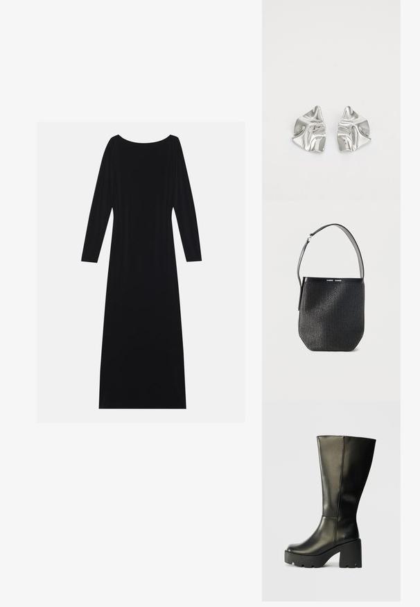Vestido negro de manga larga con escote redondo, hecho de una tela suave. Presenta una silueta fluida y un diseño minimalista sin patrones.; Bota de cuero negra hasta la rodilla con un tacón de plataforma chunky texturizado negro. Presenta una superficie lisa y un diseño vertical elegante.; Bolso tipo cubo tejido negro con una sola correa ajustable para el hombro y un ribete de cuero liso en la parte superior, con la marca "SAMSØE SAMSØE."; Pendientes de metal plateado con un diseño ondulado y escultórico, que presentan un acabado pulido y formas irregulares, destacando una estética contemporánea.