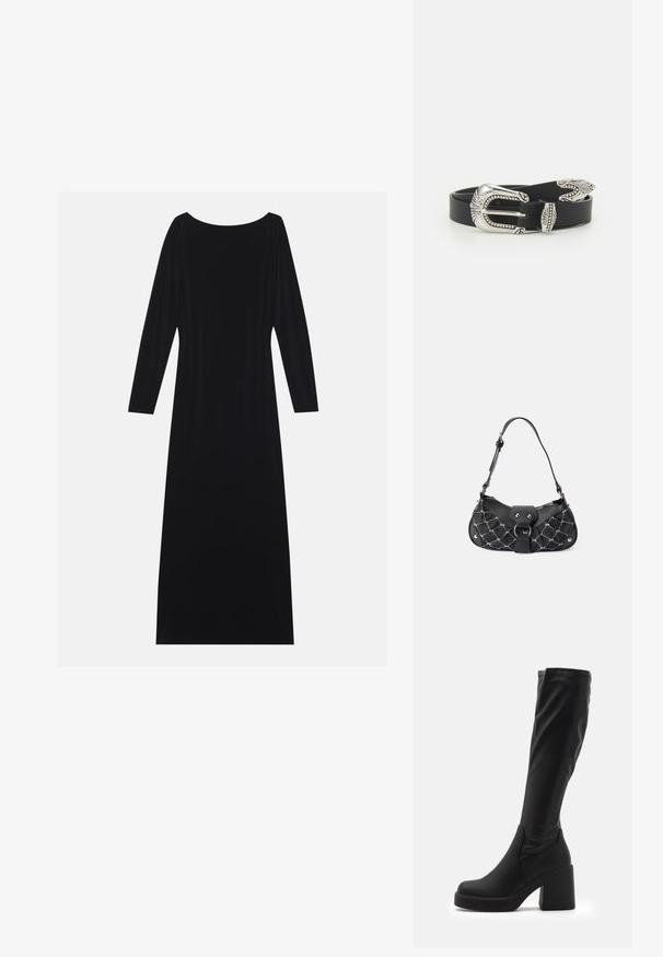 Vestido negro de manga larga con escote redondo, hecho de una tela suave. Presenta una silueta fluida y un diseño minimalista sin patrones.; Botas negras hasta la rodilla, elaboradas en material sintético liso, con un grueso tacón cuadrado y un diseño aerodinámico con parte superior elasticada.; Bolso negro con textura acolchada, que presenta herrajes plateados, una forma curvada y una sola correa ajustable. Cierre de cremallera en la parte superior.; Cinturón de cuero negro con una gran hebilla de metal plata que presenta un detallado intrincado y acentos decorativos en ambos extremos.