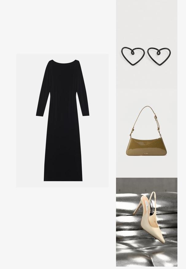 Vestido negro de manga larga con escote redondo, hecho de una tela suave. Presenta una silueta fluida y un diseño minimalista sin patrones.; Zapato beige de tacón alto con puntera puntiaguda y tira trasera, con tacón delgado, apoyado sobre una superficie acolchada plateada y brillante.; Pequeño bolso de hombro de charol verde oliva con correa ajustable y logo dorado de ALDO en la parte delantera.; Pendientes negros en forma de corazón hechos de alambre de metal, con un detalle en espiral en la parte superior de cada corazón, textura suave y diseño minimalista.