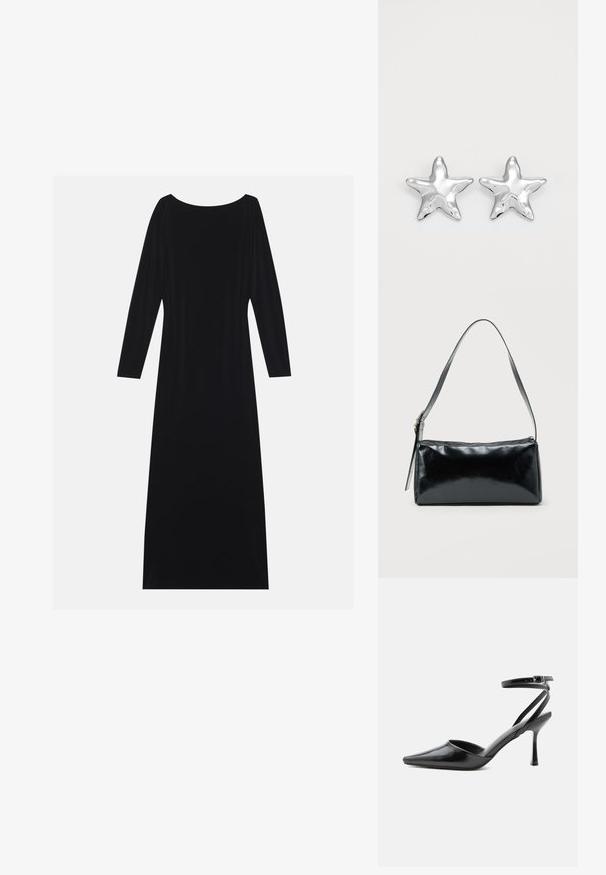 Vestido negro de manga larga con escote redondo, hecho de una tela suave. Presenta una silueta fluida y un diseño minimalista sin patrones.; Zapato de tacón alto negro de punta fina con delgadas correas en el tobillo y cierre de hebilla plateada sobre un fondo liso claro.; Bolso de hombro rectangular negro con una correa ajustable y un cierre de cremallera superior sobre un fondo liso.; Pendientes en forma de estrella plateada con una superficie pulida y brillante. Cada pendiente presenta cinco puntas y sutiles detalles de textura en la superficie.