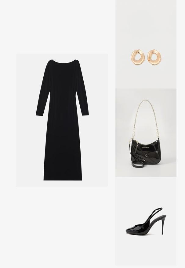 Zwarte lange mouwen jurk met een ronde hals, gemaakt van zachte stof. Heeft een vloeiende silhouet en een minimalistisch ontwerp zonder patronen.; Glanzende zwarte slingback hoge hak schoen met puntige teen en dunne stilettohak op een effen lichte achtergrond.; Zwarte lakleren crossbody tas met een gebogen vorm, zilveren kettingriem, goudkleurige hardware en een verstelbare schouderriem.; Set van onregelmatig gevormde, gepolijste hoepel oorbellen van goudkleurig metaal met een open midden op een effen witte achtergrond.