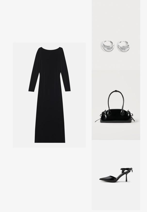 Robe noire à manches longues avec un décolleté rond, réalisée en tissu doux. Elle présente une silhouette fluide et un design minimaliste sans motifs.; Chaussure à talon haut en cuir verni noir avec bout pointu et bride de cheville nouée à l'arrière, présentée sur un fond blanc uni.; Petit sac à main noir brillant avec deux longues anses et des détails à cordon sur les côtés sur un fond clair uni.; Paire de boucles d'oreilles anneaux en argent poli avec un design de barre incurvée superposée sur un fond clair uni.