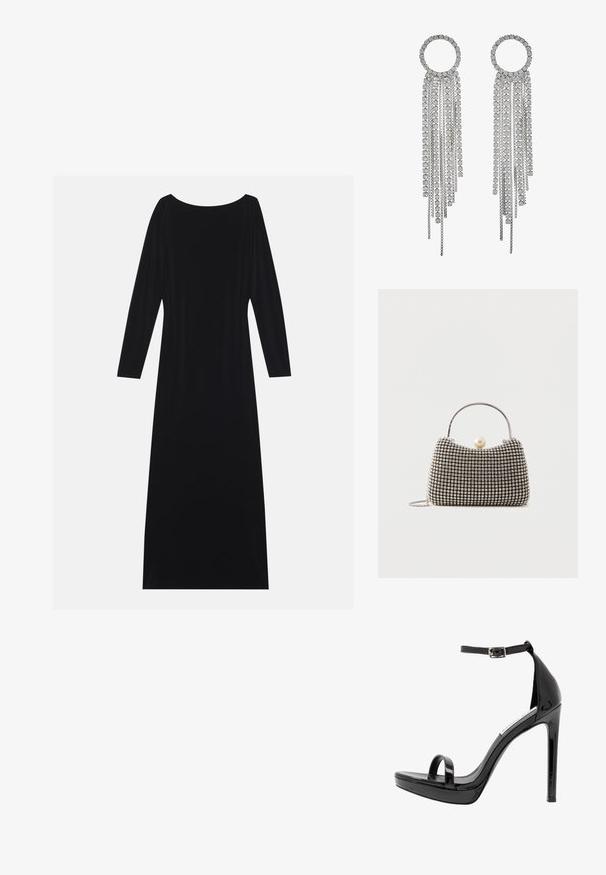 Vestido negro de manga larga con escote redondo, hecho de una tela suave. Presenta una silueta fluida y un diseño minimalista sin patrones.; Steve Madden MILANO - Sandalias de tacón - black; Pequeño bolso de mano con patrón de cuadrícula plateada, asa curva, gran cierre de perla y una delgada correa de cadena plateada sobre un fondo liso.; Pendientes en tono plateado que presentan una parte superior circular con cadenas en cascada y rhinestones de corte cuadrado, mostrando un diseño lineal de múltiples niveles.