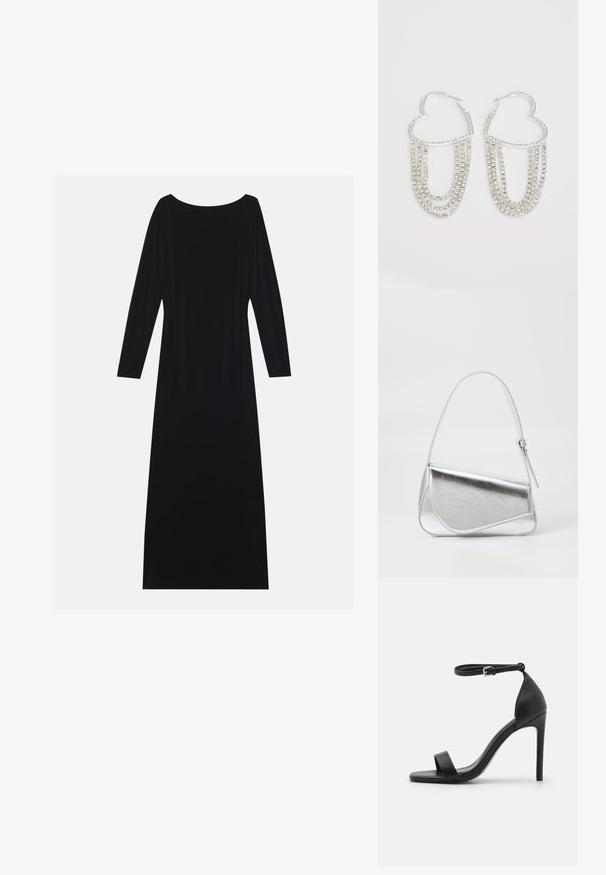 Vestido negro de manga larga con escote redondo, hecho de una tela suave. Presenta una silueta fluida y un diseño minimalista sin patrones.; Sandalia de tacón alto negra con un diseño elegante, que cuenta con una correa en el tobillo, punta abierta y una textura de cuero suave.; Bolso de mano metálico plateado con forma triangular, textura suave y una fina correa de hombro ajustable. Presenta un diseño plegable con costuras.; Pendientes de aro plateados en forma de corazón, con hebras en cascada de strass transparentes que aportan un brillo y textura adicionales.