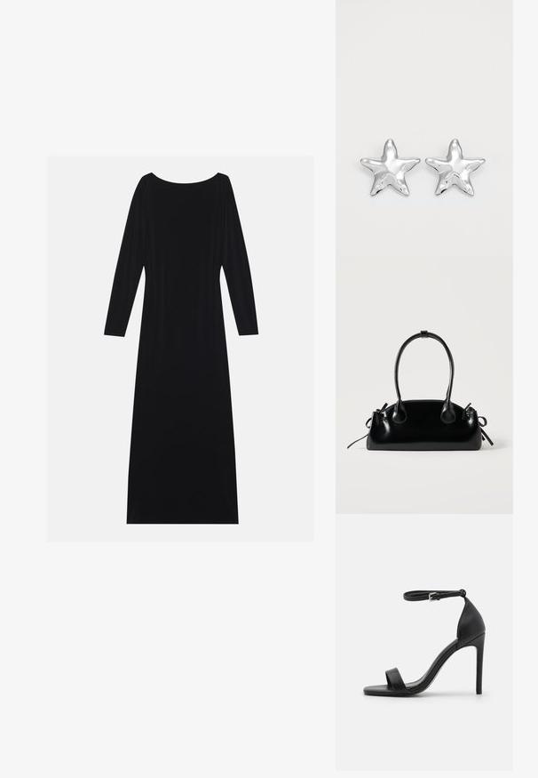 Zwarte lange mouwen jurk met een ronde hals, gemaakt van zachte stof. Heeft een vloeiende silhouet en een minimalistisch ontwerp zonder patronen.; Zwarte sandalen met hoge hakken, met een slank ontwerp, voorzien van een enkelbandje, open teen en een gladde leren textuur.; Kleine zwarte glanzende handtas met twee lange hengsels en zijkant trekkoord details op een effen lichte achtergrond.; Zilveren stervormige oorbellen met een gepolijste, glanzende afwerking. Elke oorbel heeft vijf punten en subtiele textuurdetails op het oppervlak.