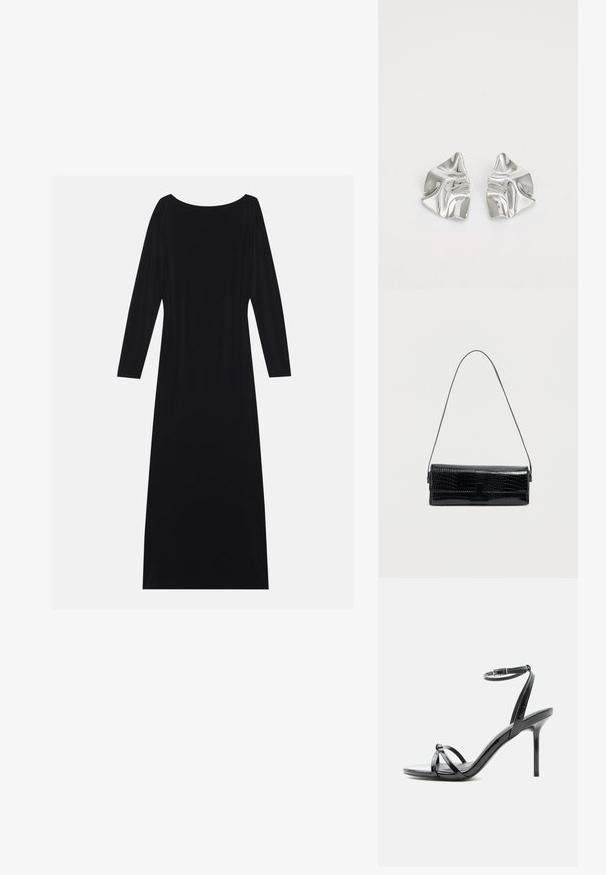 Zwarte lange mouwen jurk met een ronde hals, gemaakt van zachte stof. Heeft een vloeiende silhouet en een minimalistisch ontwerp zonder patronen.; Zwarte lakleren sandaal met hoge hak, met dunne bandjes die over de tenen kruisen en een enkelriempje met gesp op een witte achtergrond.; Zwarte schoudertas van imitatie-krokodillenleer, rechthoekige vorm, glanzende textuur, met een dunne verstelbare schouderriem en een voorflap met sluiting.; Zilveren metalen oorbellen met een golvend, sculpturaal ontwerp, voorzien van een gepolijste afwerking en onregelmatige vormen, die een hedendaagse esthetiek benadrukken.