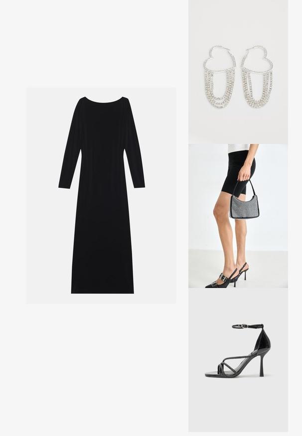 Robe noire à manches longues avec un décolleté rond, réalisée en tissu doux. Elle présente une silhouette fluide et un design minimaliste sans motifs.; Sandale à talons hauts en cuir verni noir avec une sangle autour de la cheville, présentant des brides croisées et un élégant bout pointu.; Sac à main à perles noires avec une silhouette courbée, une poignée de transport et une texture brillante. Porté avec des chaussures à talons hauts noires et un short noir ajusté.; Boucles d'oreilles en argent en forme de cœur, ornées de fils tombants de strass transparents pour plus d'éclat et de texture.
