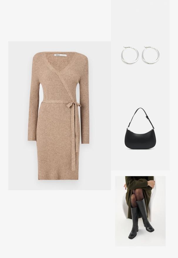 Robe portefeuille en tricot dans une teinte marron clair, avec des manches longues, un col en V, une texture côtelée et une taille cintrée ajustable.; Bottes en cuir noires arrivant au genou, avec un bout carré et un talon carré, présentées sur un modèle assis dans un manteau vert olive. Texture lisse, détails minimaux.; Pieces PCALUANA SHOULDER BAG - Sac à main - black; Les boucles d'oreilles en argent en forme de créole présentent un design lisse et arrondi avec un profil fin et un fermoir sécurisé. Style minimaliste avec une finition polie.
