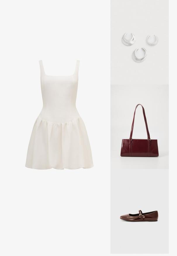 Robe blanche sans manches en tissu léger, présentant un corsage cintré et une jupe évasée plissée avec une texture lisse.; Ballerine en cuir verni marron avec un bout carré et une lanière ornée d'une petite boucle dorée. Texture lisse, talon bas et design minimaliste.; Sac à main bordeaux en matériau brillant, de forme rectangulaire, avec deux anses et des accents légèrement courbés à l'avant.; Trois boucles d'oreilles en argent en forme de cerceaux ouverts avec des designs lisses et arrondis sur un fond clair uni, disposées en motif triangulaire.