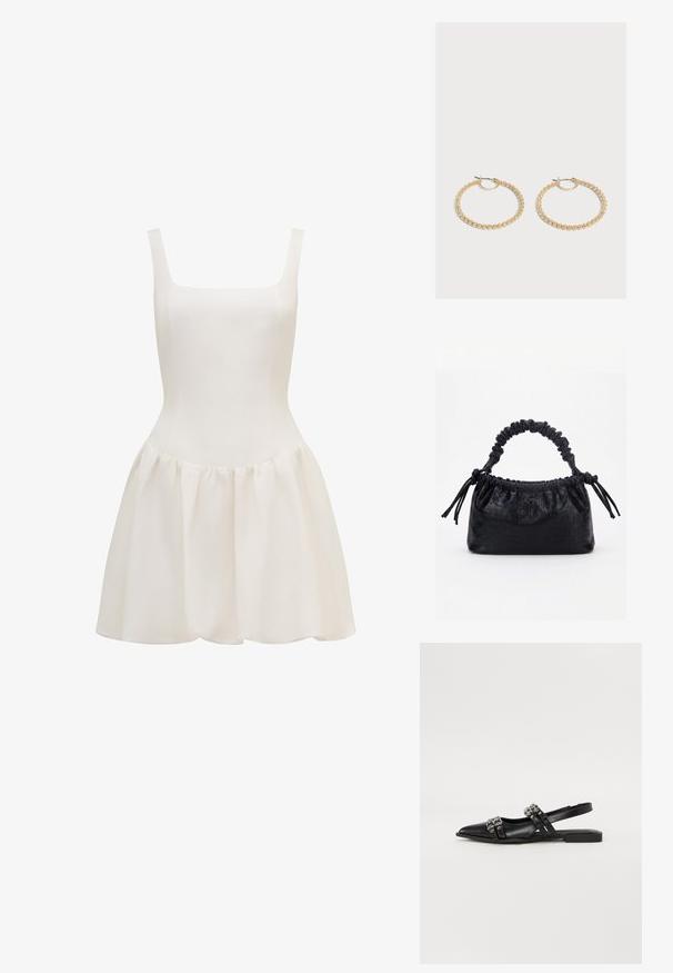 Robe blanche sans manches en tissu léger, présentant un corsage cintré et une jupe évasée plissée avec une texture lisse.; Even&Odd by Zalando Ballerines à brides arrière - black; Sac à main noir avec texture crocodile, bord supérieur froncé, poignée plissée et pompons à cordon de chaque côté sur fond blanc.; Paire de boucles d'oreilles créoles en or de taille moyenne avec un design texturé et perlé sur un fond clair uni.