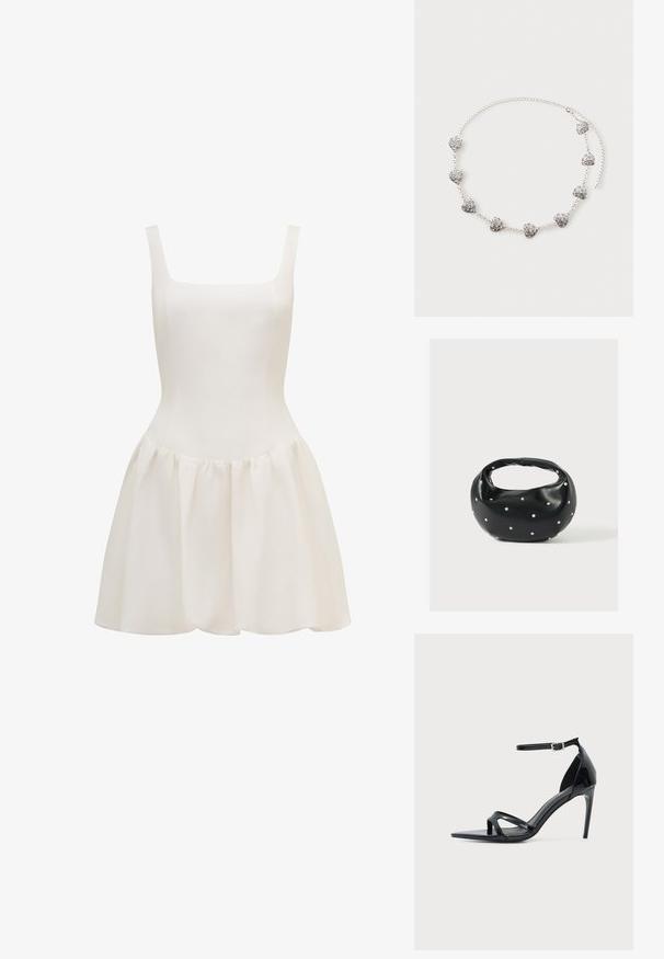 Robe blanche sans manches en tissu léger, présentant un corsage cintré et une jupe évasée plissée avec une texture lisse.; Sandale à talon haut en cuir verni noir avec fine bride à la cheville, bout ouvert et design minimaliste sur fond clair uni.; Sac à main en cuir noir de forme arrondie, décoré de clous argentés et équipé d'une poignée courte. Texture lisse et fermeture éclair.; Collier chaîne en argent avec huit petits pendentifs en forme de cœur présentant des motifs complexes en spirale, posé à plat sur un fond clair.