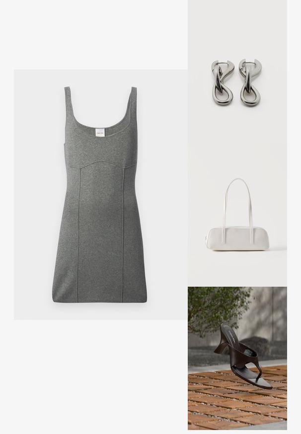 Graues ärmelloses Kleid aus Jersey-Material, mit rundem Ausschnitt, tailliertem Schnitt und dezenter Nahtgestaltung. Etikett am Ausschnitt sichtbar.; Braune Calvin Klein Sandalette mit Absatz und Zehensteg, schwebend über einem Boden aus Holzfliesen und Kies im Freien, mit verschwommenem Grün und Stein im Hintergrund.; Weiße rechteckige Schultertasche mit langen dünnen Trägern, minimalen Nähten und Reißverschlussverschluss vor einem schlichten Hintergrund.; Paar silberfarbene Metallohrringe mit abstraktem ineinandergreifendem Schlaufen-Design auf weißem Hintergrund.