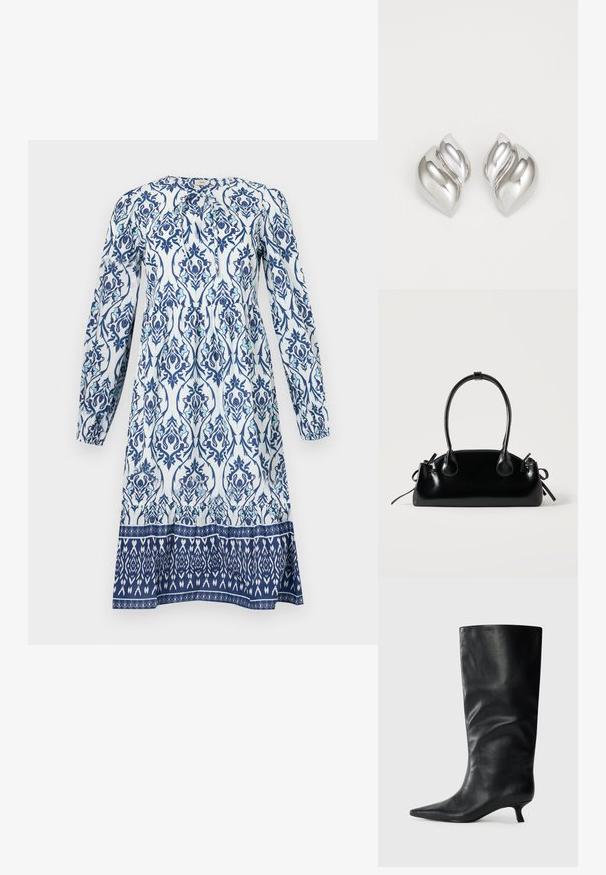 Langärmliges Kleid mit einem weißen Grundstoff und blauen sowie türkisfarbenen Blumenmustern. Geraffter Oberteil und ein kontrastierender gemusterter Saum.; Schwarzer, knielanger Lederstiefel mit spitzer Zehe und niedrigem Kittenheel, auf einem schlichten hellen Hintergrund präsentiert.; Kleine schwarze glänzende Handtasche mit zwei langen Griffen und seitlichen Kordelzug-Details vor einfachem hellem Hintergrund.; Silberne Ohrringe mit einer organischen, abstrakten Form. Glatte, glänzende Oberfläche mit einem konischen Design. Mit dezenten Kurven und einem zentralen Linienelement.