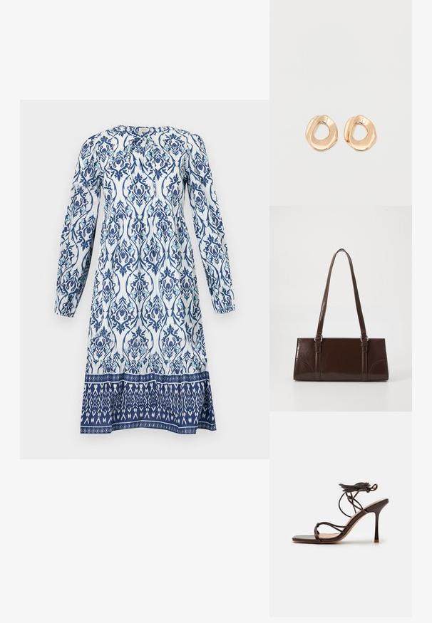 Langärmliges Kleid mit einem weißen Grundstoff und blauen sowie türkisfarbenen Blumenmustern. Geraffter Oberteil und ein kontrastierender gemusterter Saum.; Simmi London MACIA - High Heel Sandalette - chocolate; Braune Lackleder-Handtasche in rechteckiger Form, mit zwei langen Griffen und subtilen, geschwungenen Akzenten auf der Vorderseite.; Paar unregelmäßig geformter, polierter Creolen aus goldfarbenem Metall mit offenem Zentrum auf weißem Hintergrund.