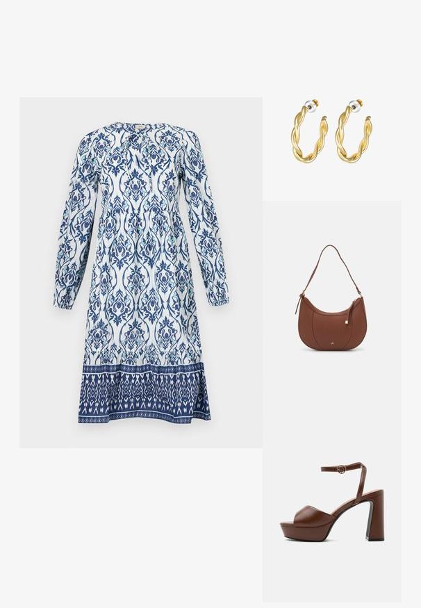 Langärmliges Kleid mit einem weißen Grundstoff und blauen sowie türkisfarbenen Blumenmustern. Geraffter Oberteil und ein kontrastierender gemusterter Saum.; Braune Leder-Plateausandale mit dickem, hohem Absatz, offenem Zehenbereich und verstellbarem Knöchelriemen mit goldener Schnalle, von der Seite gezeigt.; Braune Kunstleder-Schultertasche mit geschwungener Form, minimaler Naht und goldfarbener Hardware-Akzent. Verfügt über einen oberen Reißverschluss und einen verstellbaren Trageriemen.; Goldene, gedrehte Creolen mit glatter Oberfläche, ausgestattet mit transparentem Rücken und goldfarbenen Beschlägen.