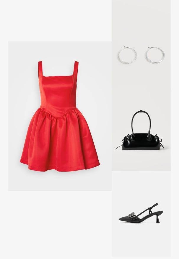 Rode satijnen jurk met een vierkante halslijn, aansluitend bovenlijf en een uitlopende, geraffineerde rok. Gladde textuur en geen zichtbare versieringen.; Simmi London DALA - Klassieke pumps - black; Kleine zwarte glanzende handtas met twee lange hengsels en zijkant trekkoord details op een effen lichte achtergrond.; Zilverkleurige metalen creolen oorbellen met een glad, licht gebogen oppervlak en sluitingen met haaksluiting op een effen witte achtergrond.