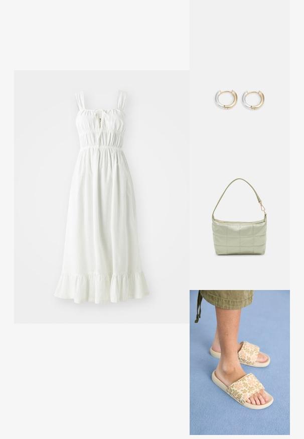 Robe en lin blanc avec un corsage froncé, des bretelles ajustables et un ourlet à volants. Elle présente un détail en trou de serrure à l'avant.; Sandales à enfiler ouvertes, avec une tige en textile à motif floral beige et pêche, et une semelle en caoutchouc texturé de couleur claire.; Sac vert rembourré avec une texture douce, de forme rectangulaire, à une bandoulière, et fermeture à glissière dorée. Présente un motif matelassé.; Boucles d'oreilles créoles en or et en argent avec une finition métallique mélangée, présentant un design courbé lisse et une fermeture sans couture.