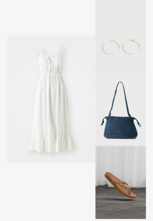 Robe en lin blanc avec un corsage froncé, des bretelles ajustables et un ourlet à volants. Elle présente un détail en trou de serrure à l'avant.; Sandale tongs marron avec un détail bouton sur la bride, flottant au-dessus d'un sol en béton gris avec des rideaux blancs en arrière-plan.; Sac d'épaule en denim bleu foncé avec extrémités de sangle nouées et forme rectangulaire simple sur fond blanc.; Paire de boucles d'oreilles créoles argentées brillantes avec fermoirs en fil fin, présentée sur un fond gris clair.