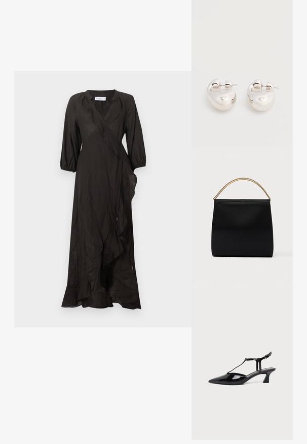 Robe midi noire style cache-cœur avec manches ballon 3/4 et volant le long du devant et de l'ourlet.; Chaussure slingback en cuir verni noir à bout pointu avec bride en T et petit talon bloc incliné sur fond blanc.; Sac noir en tissu lisse, présentant une forme structurée, une poignée en chaîne dorée et un design géométrique minimaliste.; Paire de boucles d'oreilles argentées brillantes et épaisses avec fermoirs à tige, sur fond blanc uni.