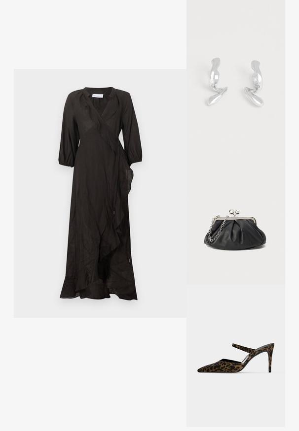 Robe midi noire style cache-cœur avec manches ballon 3/4 et volant le long du devant et de l'ourlet.; Mule à talon haut imprimé léopard marron et noir avec bout pointu et une fine bride sur le dessus du pied.; Porte-monnaie en cuir noir avec texture froncée, cadre en métal argenté, fermeture à verrouillage kiss-lock et bandoulière en chaîne. Surface lisse et douce.; Paire de boucles d'oreilles en métal argenté brillant de forme abstraite sur un fond blanc uni.
