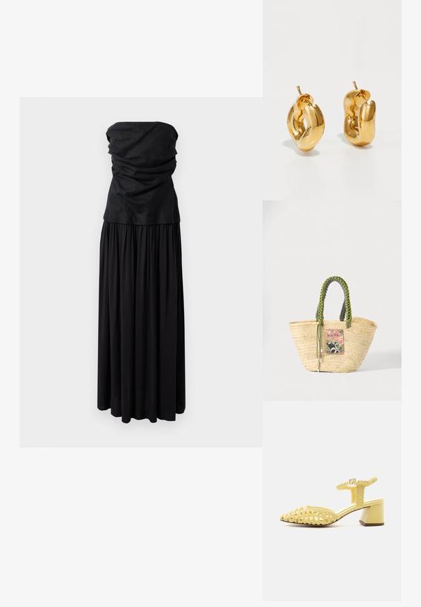 Robe maxi noire sans manches avec un buste froncé et une jupe fluide, fabriquée à partir d'un matériau doux, présentant une texture lisse et un design simple.; Sandale jaune en cuir tissé à petit talon bloc, avec bride à la cheville et boucle argentée, vue de côté sur fond blanc.; Sac cabas en paille beige tissée avec des poignées tressées vertes et noires et un patch rectangulaire coloré à l'avant.; Boucles d'oreilles créoles en or massif avec un design tubulaire légèrement tordu et des fermoirs à tige sur un fond blanc.