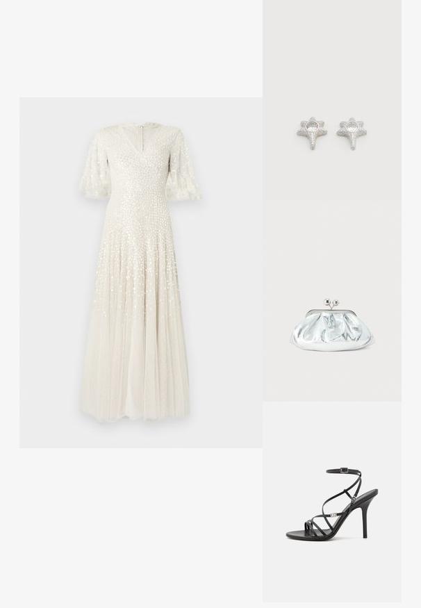 Robe maxi blanche avec un décolleté en V, des manches transparentes évasées, embellie de paillettes, et une jupe plissée fluide. Fermeture éclair au dos.; Sandale noire à talons hauts avec des brides fines, une boucle à la cheville, une surface en cuir lisse et un talon aiguille élancé.; Petit sac pochette métallique argenté avec un design arrondi et froncé, fermeture à clip avec deux boules argentées.; Boucles d'oreilles argentées en forme d'étoile avec surface texturée, présentant une pierre précieuse ronde et claire au centre. Finition scintillante qui rehausse l'attrait visuel.