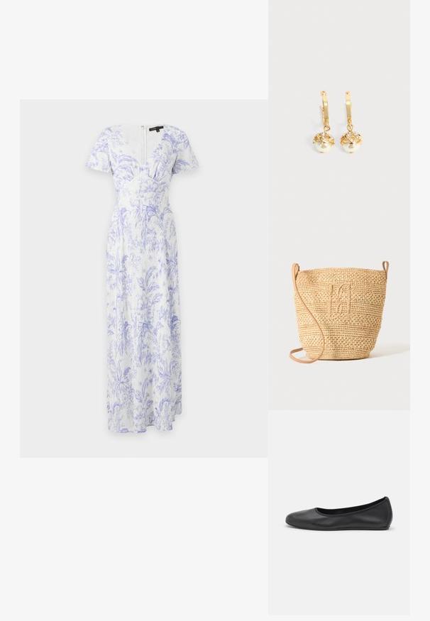Robe maxi blanche à manches courtes avec motif floral violet, décolleté en V et taille cintrée avec fermeture éclair au dos.; Ballerines en cuir noir avec un bout rond, texture lisse, détails de couture minimalistes et design de semelle flexible.; Sac seau en paille tressée avec motif texturé et bandoulière en cuir, présenté debout sur un fond clair uni.; Boucles d'oreilles créoles en or avec des perles blanches pendantes serties d'or et de petits cristaux clairs sur un fond clair uni.