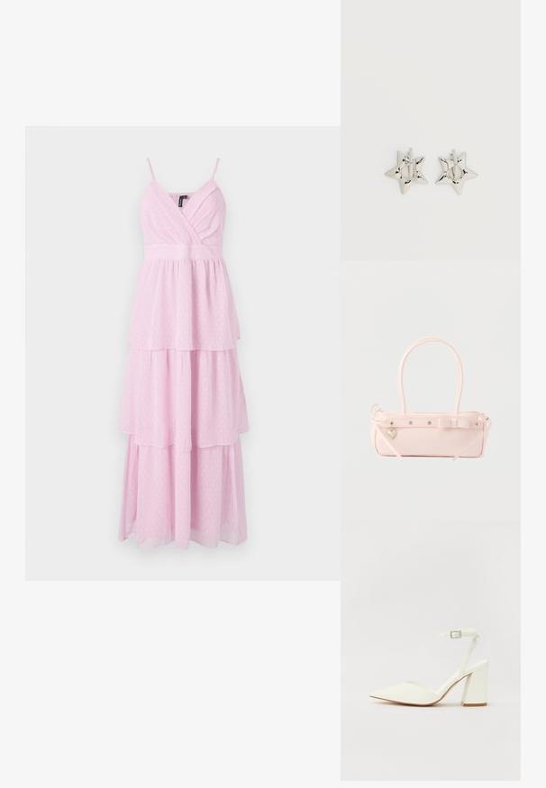 Ροζ, tiered μάξι φόρεμα με spaghetti straps, featuring φάσες στην καβάτζα και πουά σχέδιο σε ελαφρύ, υφασματώδη υλικό.; Λευκή γόβα με ψηλό τακούνι και μυτερή μύτη, ρυθμιζόμενη λουρί στον αστράγαλο και χοντρό τετράγωνο τακούνι. Λείος υφής με ελάχιστες ραφές.; Ανοιχτό ροζ ορθογώνια τσάντα χειρός με διπλές λαβές, διακοσμητικό φιόγκο, μεταλλικές οπές και μικρό γοησάκι σε σχήμα καρδιάς σε μονόχρωμο φόντο.; Ασημένια σκουλαρίκια κρίκοι σε σχήμα αστεριού με λείο, γυαλιστερό φινίρισμα σε απλό λευκό φόντο.